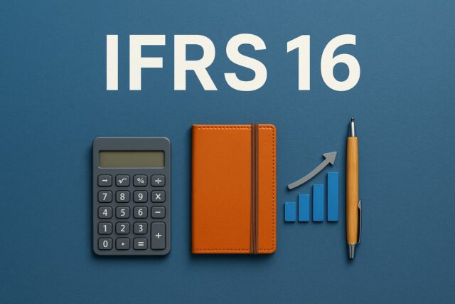 IFRS 16 - מסמך חכירה לצד מחשבון, עט וגרף חשבונאי על רקע משרד מודרני